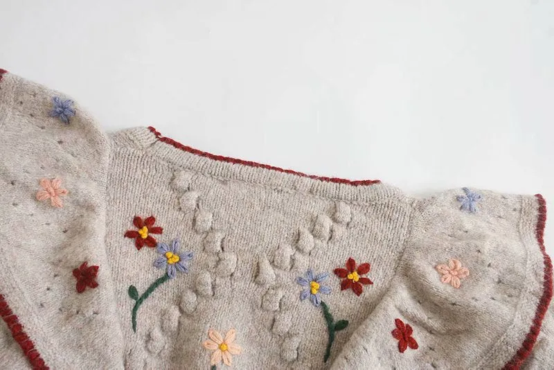 Ruffled Floral Knit V-neck Single-breasted Sweaters Cardigans