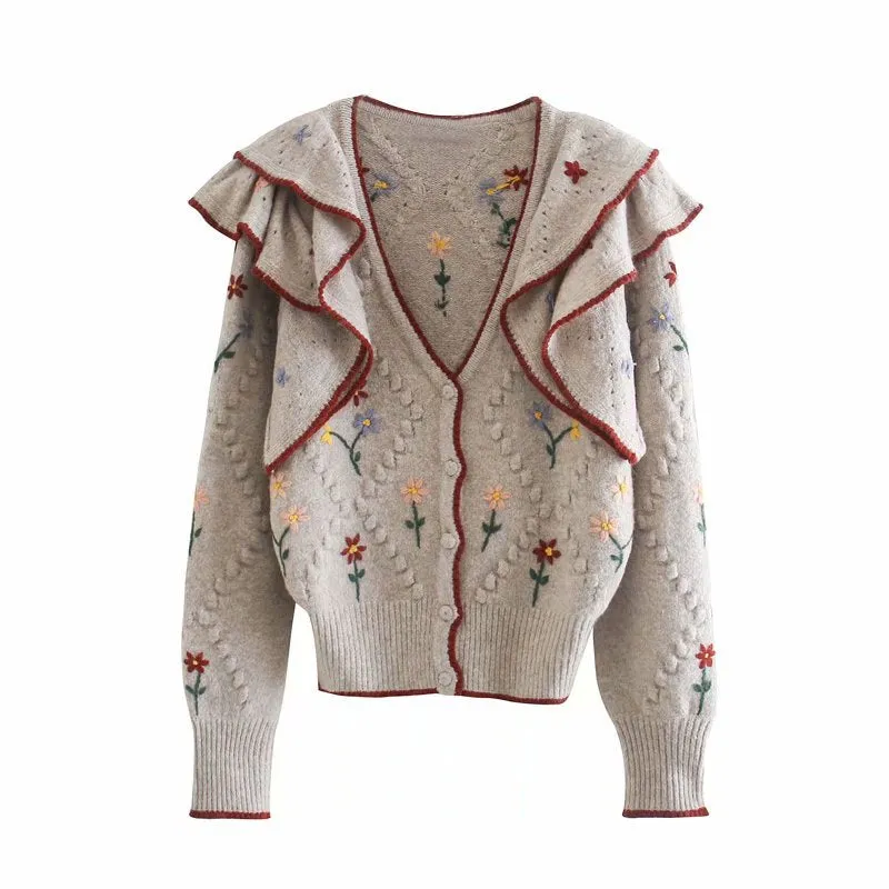Ruffled Floral Knit V-neck Single-breasted Sweaters Cardigans