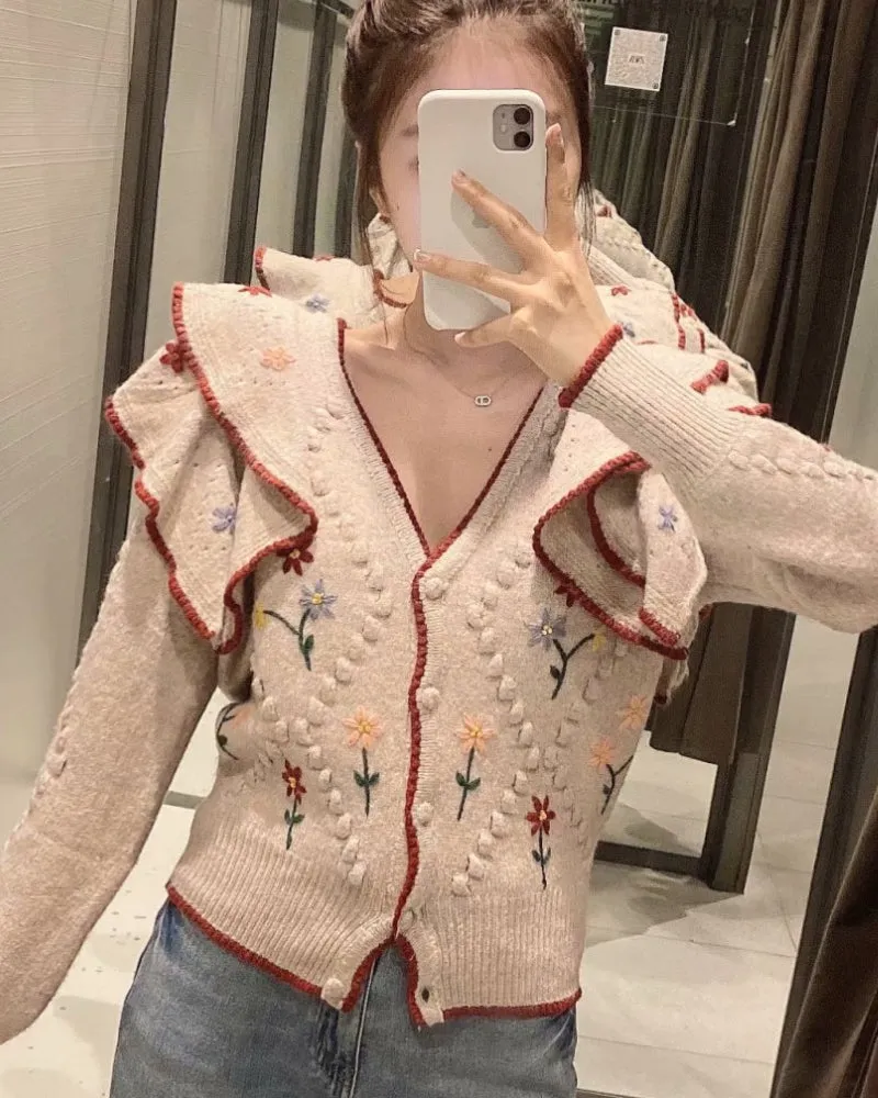 Ruffled Floral Knit V-neck Single-breasted Sweaters Cardigans