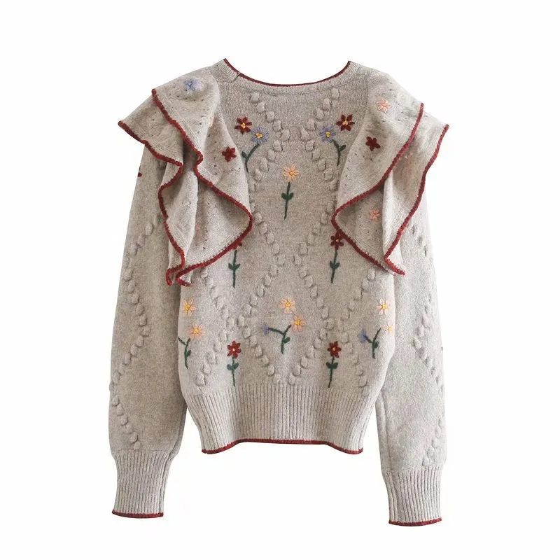 Ruffled Floral Knit V-neck Single-breasted Sweaters Cardigans