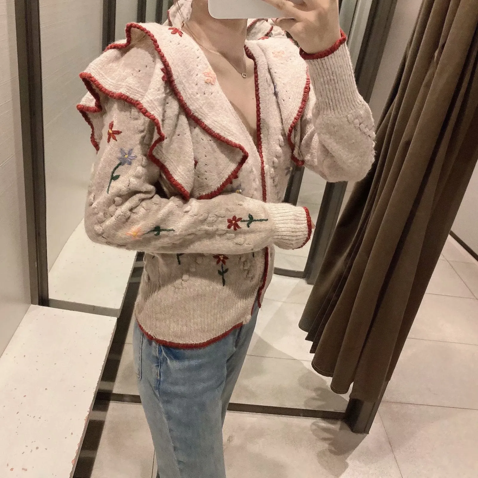 Ruffled Floral Knit V-neck Single-breasted Sweaters Cardigans