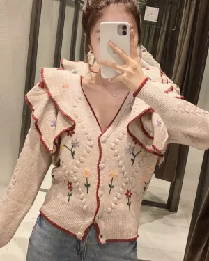 Ruffled Floral Knit V-neck Single-breasted Sweaters Cardigans