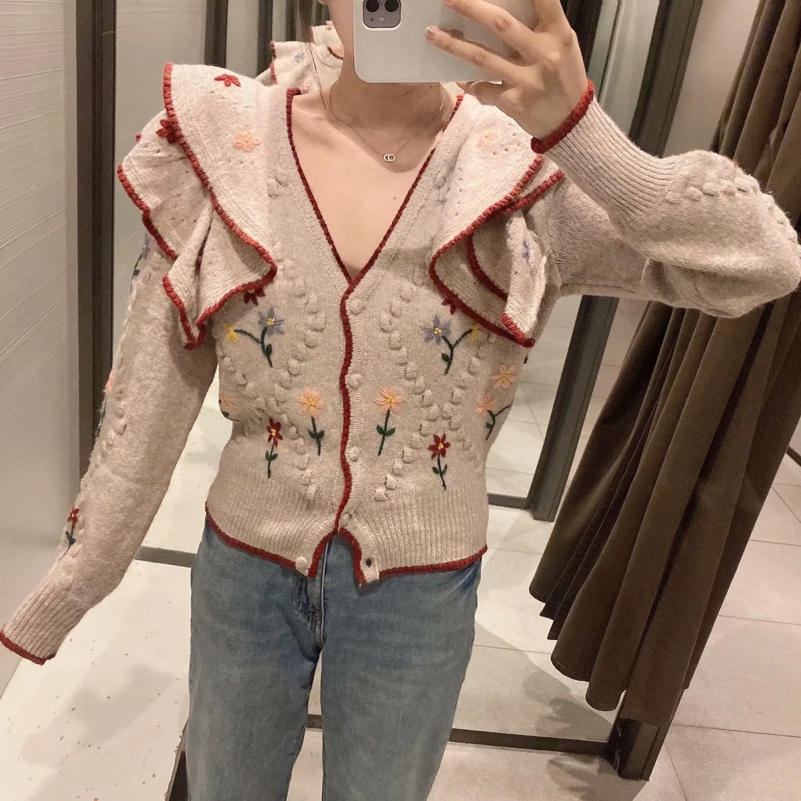 Ruffled Floral Knit V-neck Single-breasted Sweaters Cardigans