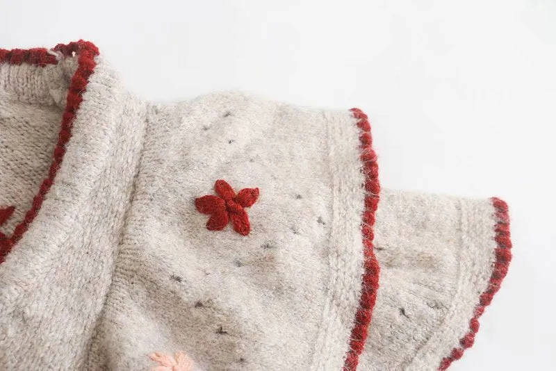 Ruffled Floral Knit V-neck Single-breasted Sweaters Cardigans