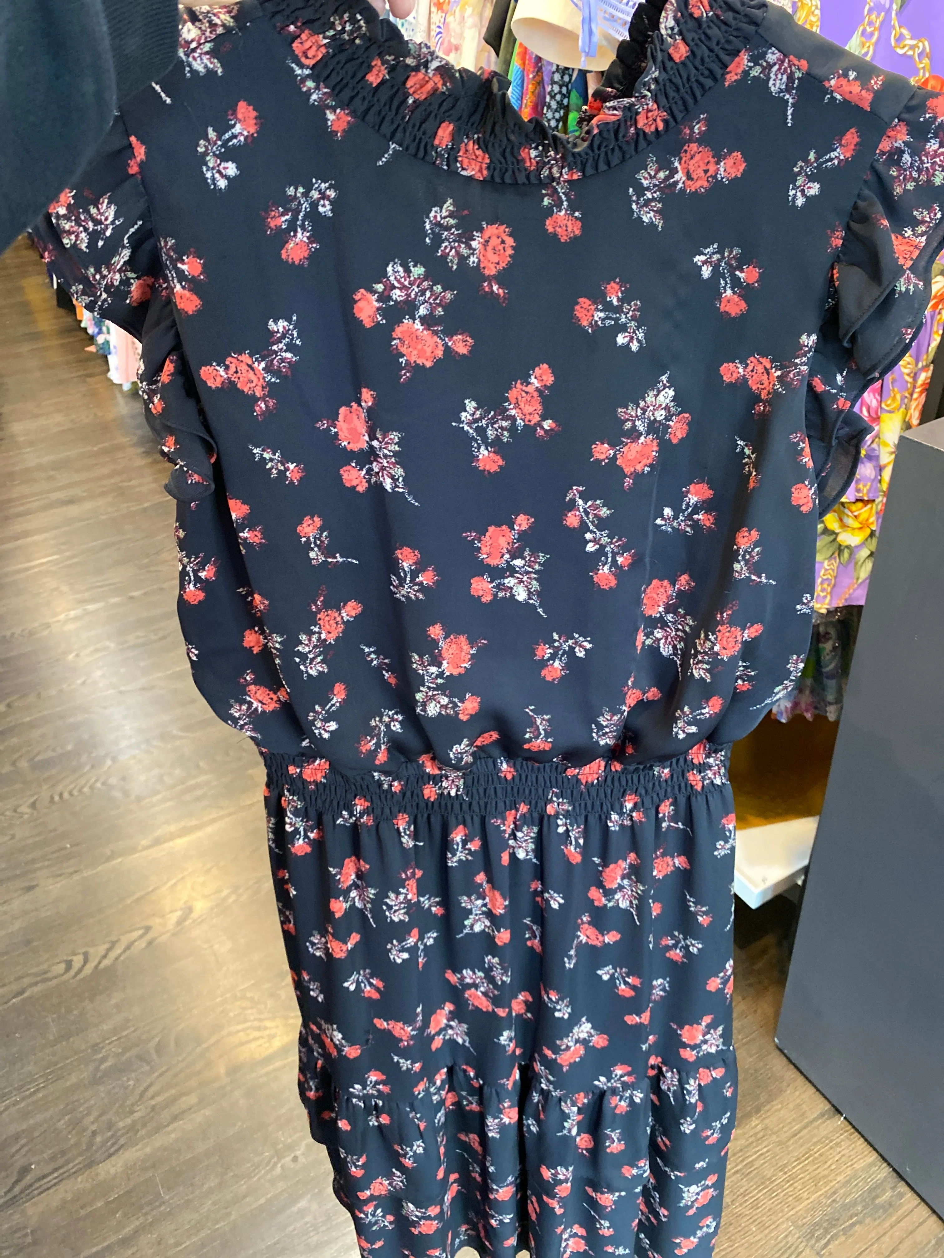 SAKS FIFTH AVENUE Black Sleeveless Layered Dress with Coral Flowers