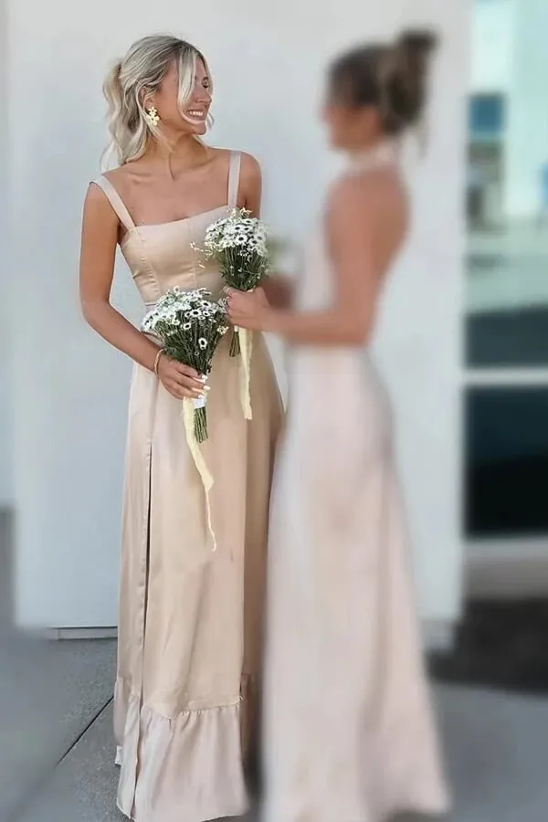 Satin A-Line Spaghetti Straps Lace Up Long Bridesmaid Dress With Slit, MBD261