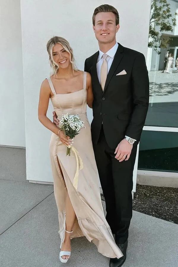 Satin A-Line Spaghetti Straps Lace Up Long Bridesmaid Dress With Slit, MBD261