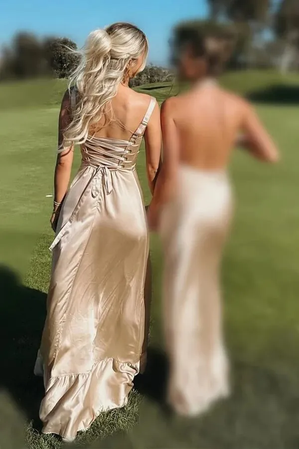 Satin A-Line Spaghetti Straps Lace Up Long Bridesmaid Dress With Slit, MBD261