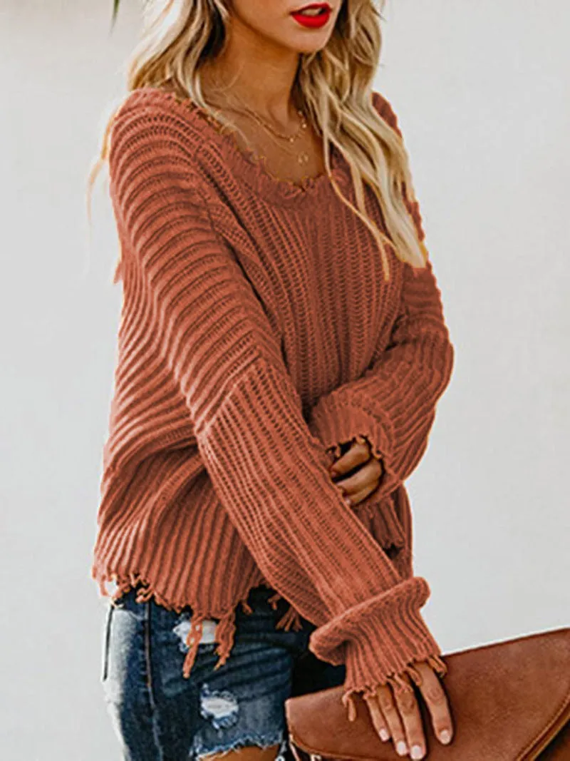 Sexy Deep V Neck Exposed Navel Irregular Edge Sweater