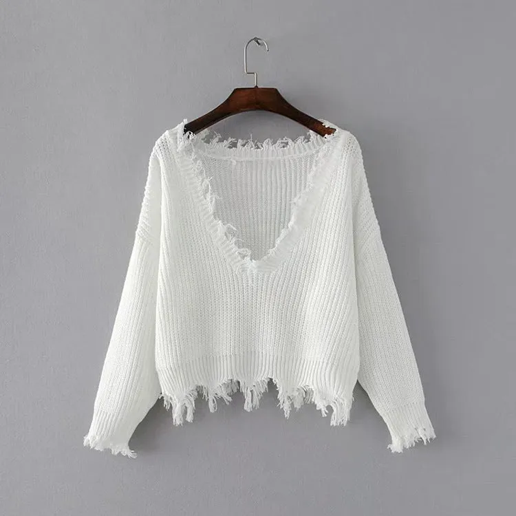 Sexy Deep V Neck Exposed Navel Irregular Edge Sweater