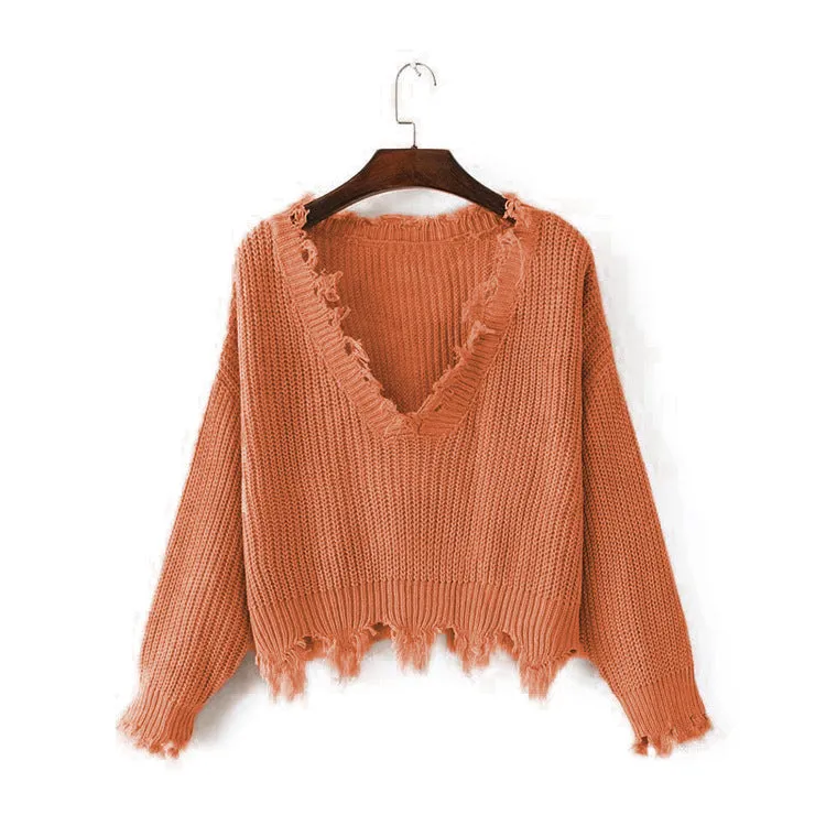 Sexy Deep V Neck Exposed Navel Irregular Edge Sweater