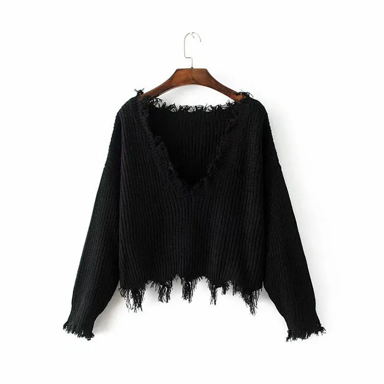 Sexy Deep V Neck Exposed Navel Irregular Edge Sweater
