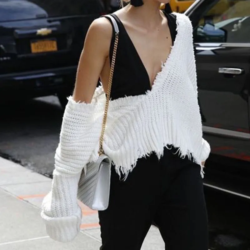Sexy Deep V Neck Exposed Navel Irregular Edge Sweater