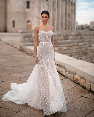 Sexy Mermaid Lace Wedding Dress Strapless See Through Bridal Gowns Long Train
