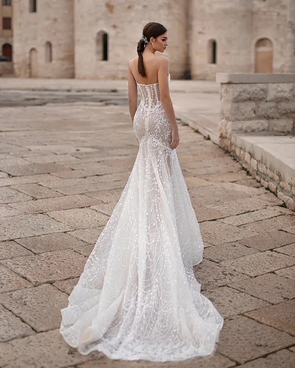Sexy Mermaid Lace Wedding Dress Strapless See Through Bridal Gowns Long Train