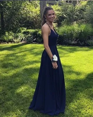 Sexy Navy Blue Prom Dress with Spaghetti Straps Chiffon A-line Long Pageant Party Gowns 2018