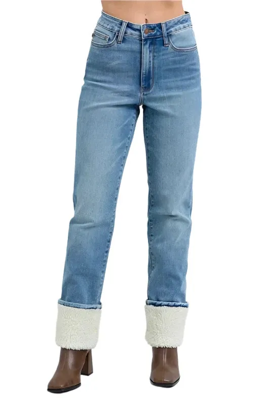 Shearling Cuff Straight Denim Pants
