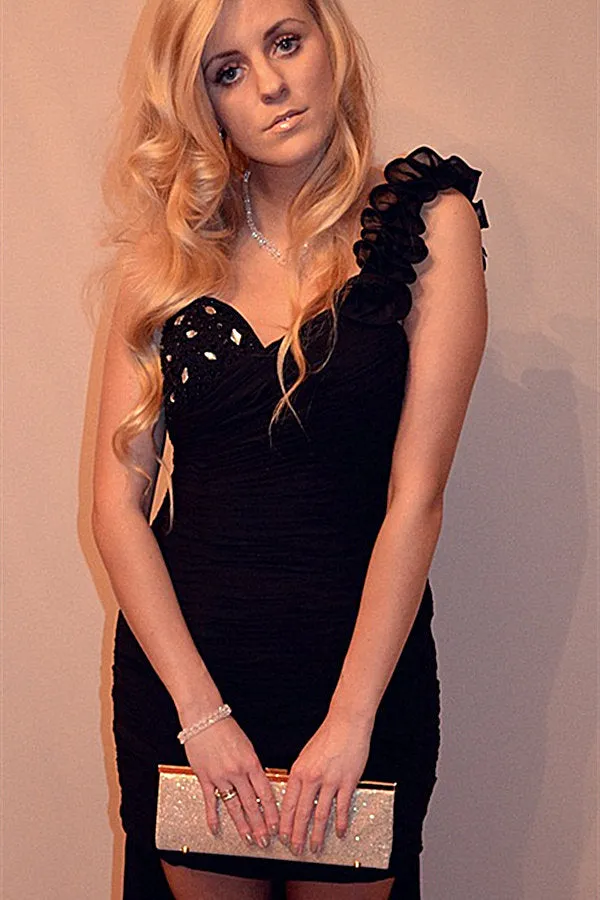 Sheath One-shoulder Hi-low Length Chiffon Rhinestone Prom Dress