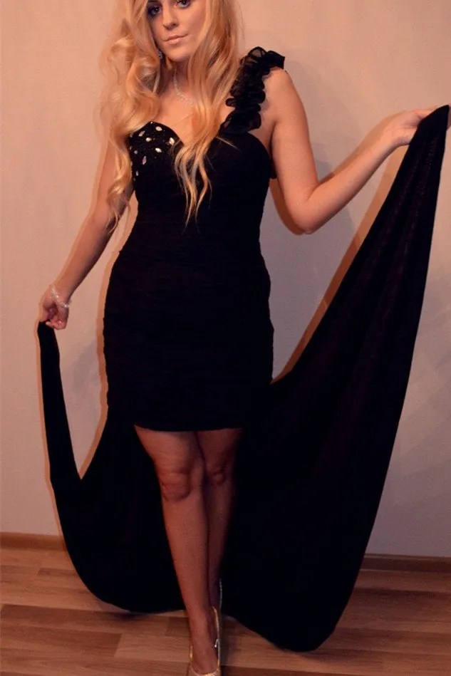 Sheath One-shoulder Hi-low Length Chiffon Rhinestone Prom Dress