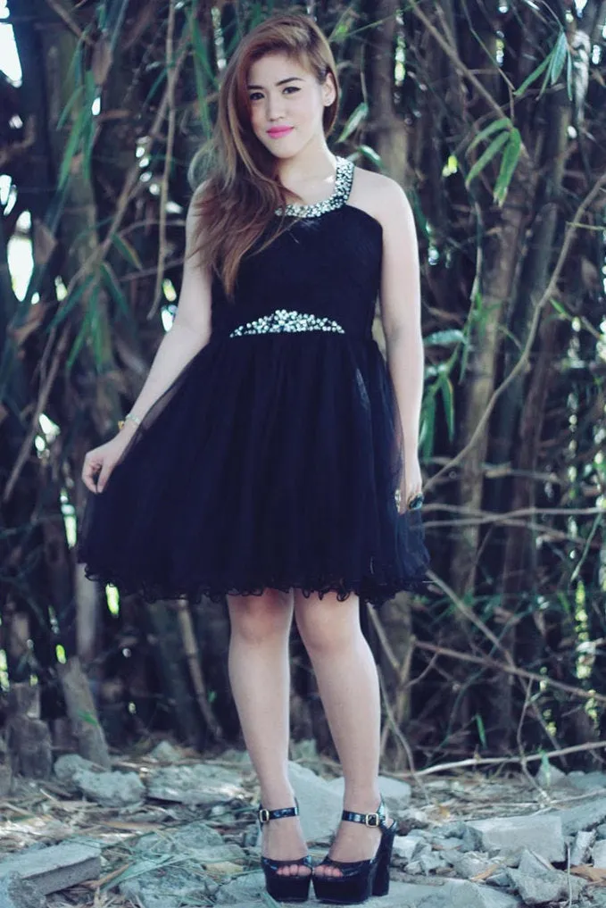 Sheath One Spaghetti Strap Knee Length Tulle Rhinestone Prom Dress