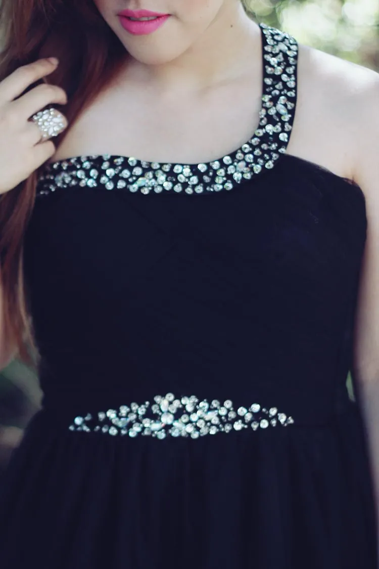 Sheath One Spaghetti Strap Knee Length Tulle Rhinestone Prom Dress