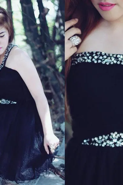 Sheath One Spaghetti Strap Knee Length Tulle Rhinestone Prom Dress