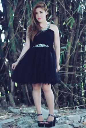 Sheath One Spaghetti Strap Knee Length Tulle Rhinestone Prom Dress