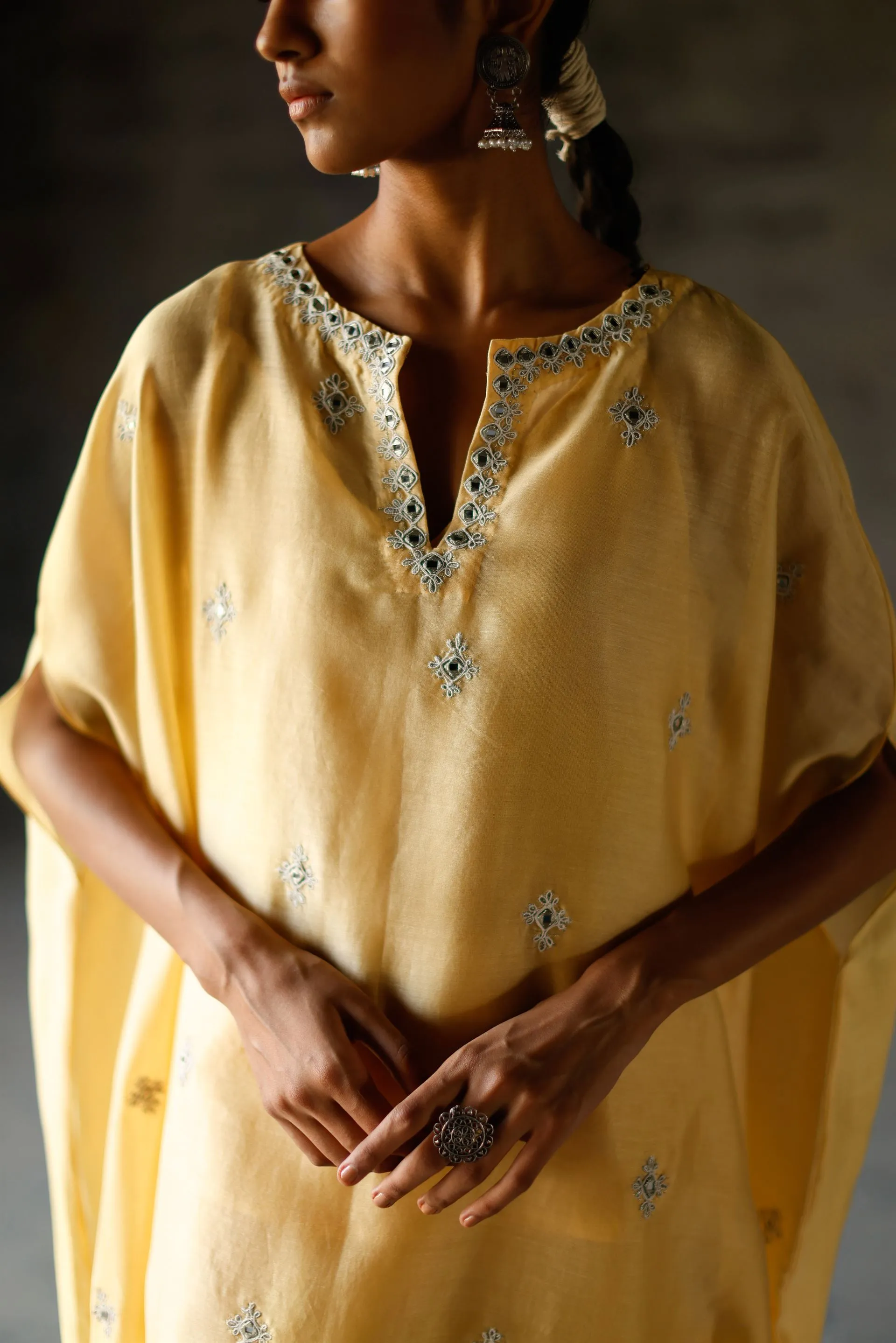 Shikha Mehta Gomez Yellow Anisa Kaftan Set Silk Chanderi Yellow Paak Ss24-Smks17