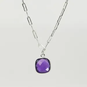 Silver Amethyst Square Necklace | Sterling Silver Paperclip Chain