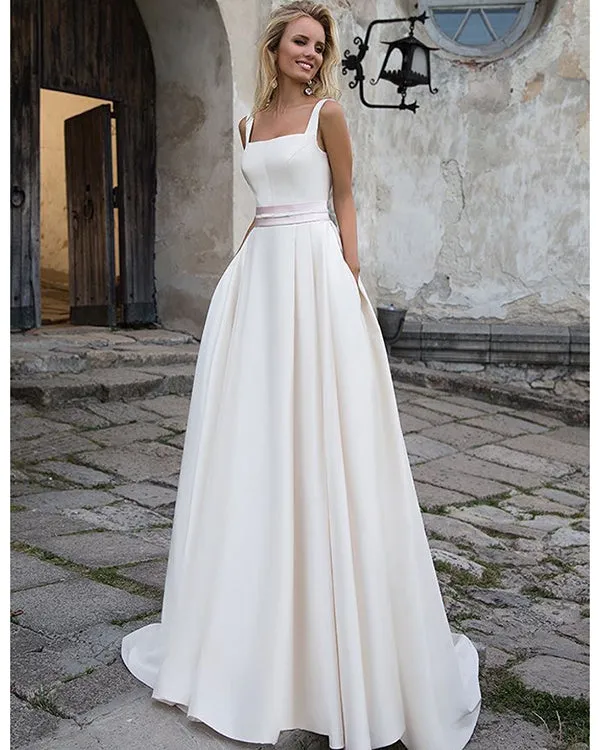 Simple 2018 White Wedding Dresses A line Square Neckline Modest Satin Bridal Gowns with Pockets