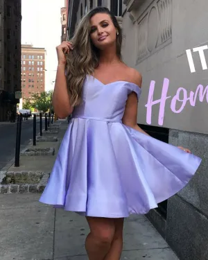 Simple Light Purple Satin Homecoming Dresses Off The Shoulder 2018 Sexy Short Party Gowns