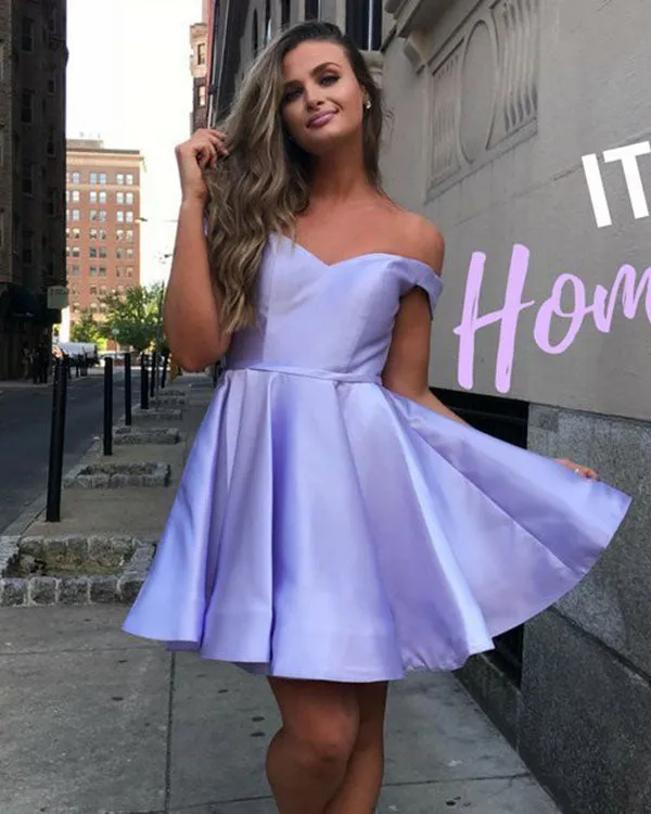 Simple Light Purple Satin Homecoming Dresses Off The Shoulder 2018 Sexy Short Party Gowns