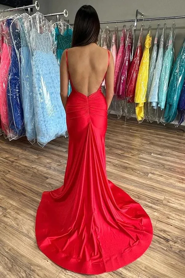Simple Red Satin Mermaid V-neck Prom Dresses With Slit, Party Dresses, MP867