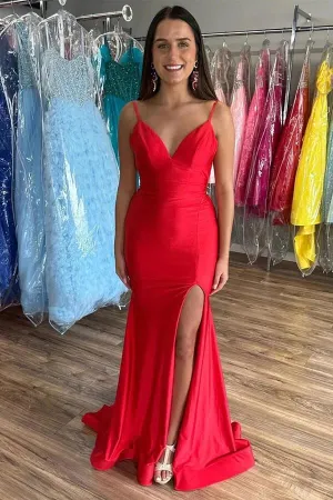 Simple Red Satin Mermaid V-neck Prom Dresses With Slit, Party Dresses, MP867