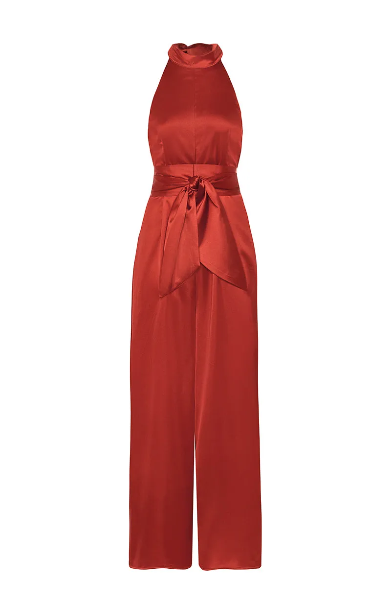 Soho Jumpsuit in Burnt Orange Satin