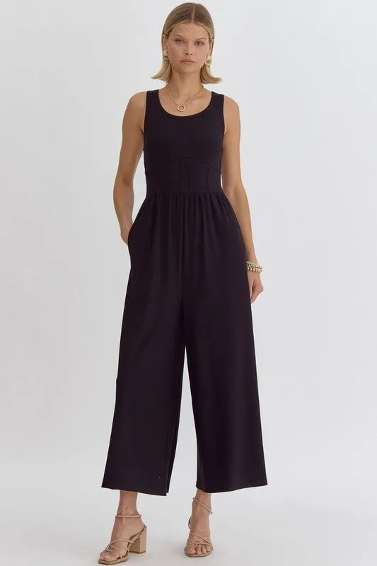 Solid ribbed scoop neck sleeveless jumpsuit