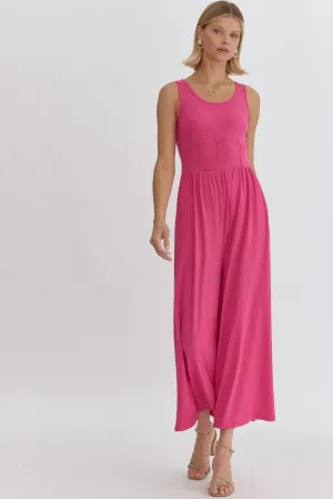 Solid ribbed scoop neck sleeveless jumpsuit