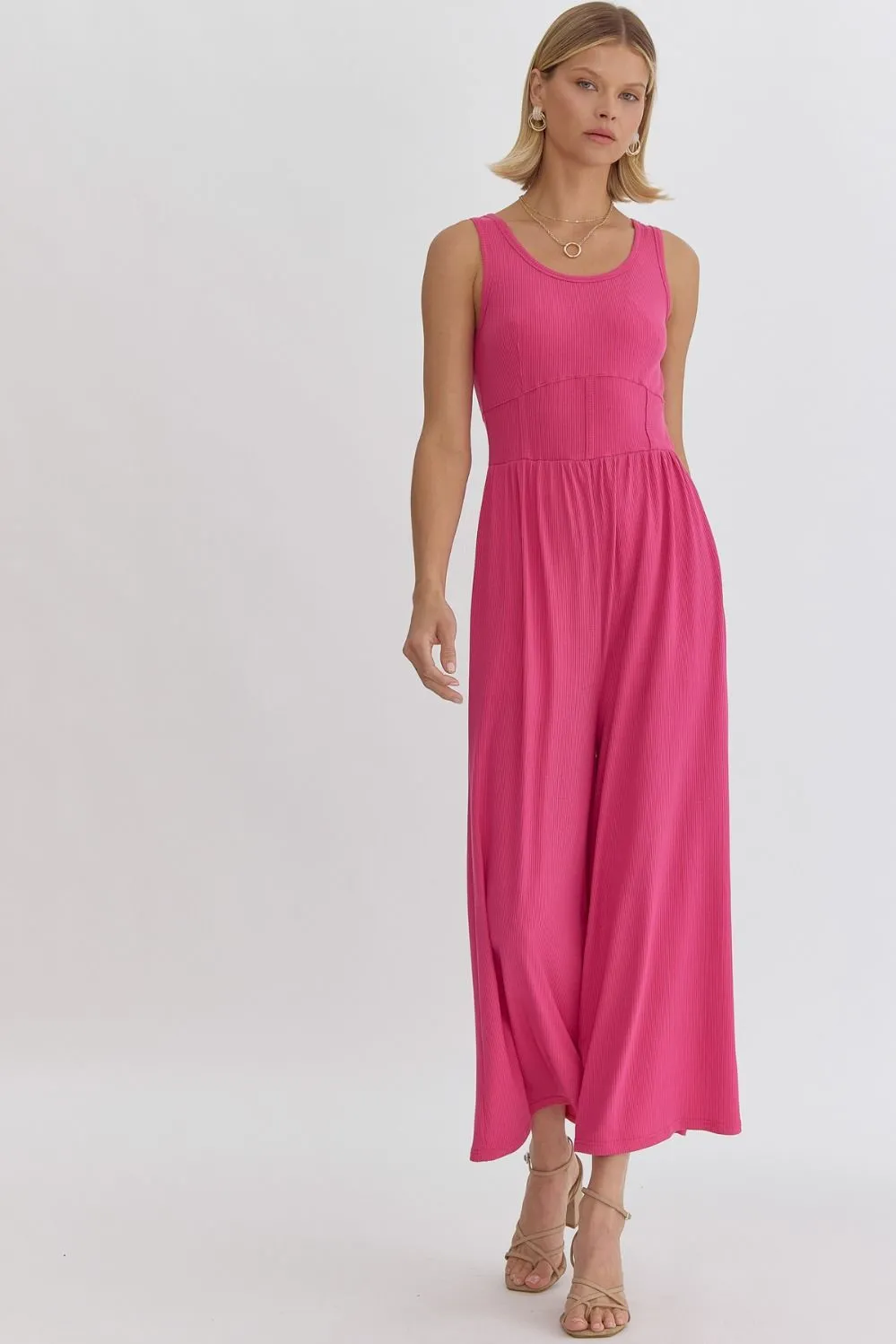 Solid ribbed scoop neck sleeveless jumpsuit