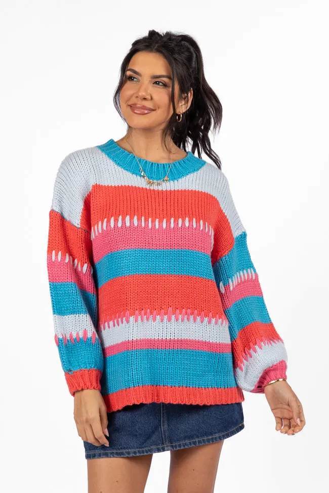 Something Extra Blue Multi Stripe Chunky Knit Stitch Detail Sweater FINAL SALE