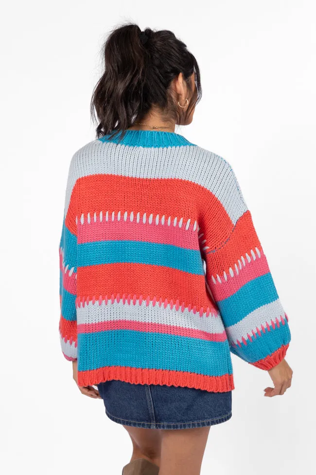 Something Extra Blue Multi Stripe Chunky Knit Stitch Detail Sweater FINAL SALE