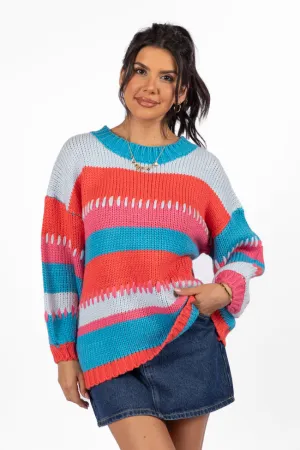 Something Extra Blue Multi Stripe Chunky Knit Stitch Detail Sweater FINAL SALE