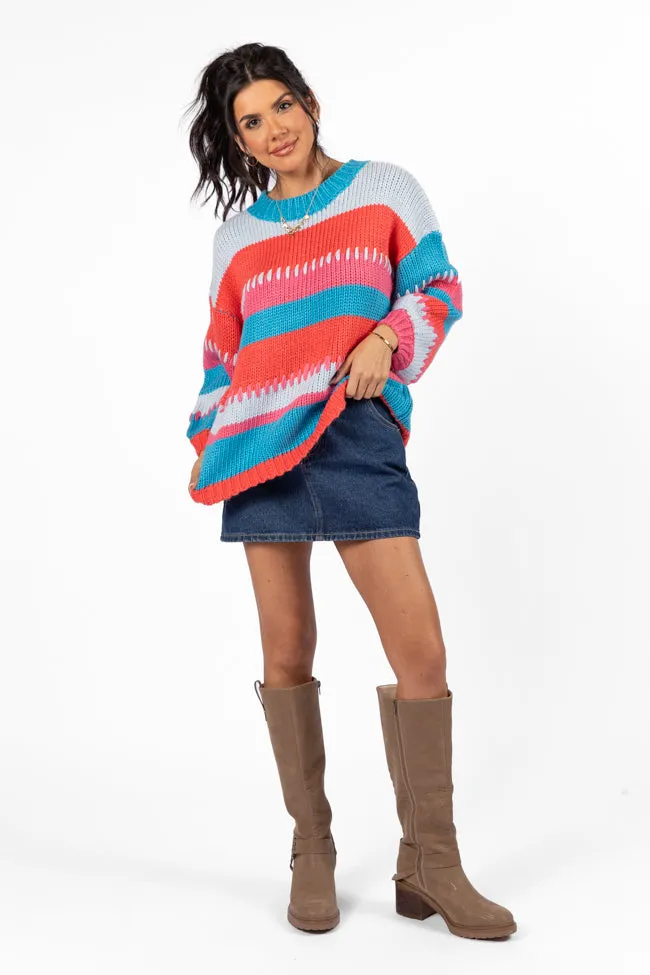 Something Extra Blue Multi Stripe Chunky Knit Stitch Detail Sweater FINAL SALE