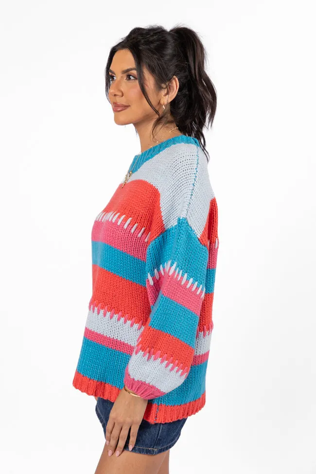 Something Extra Blue Multi Stripe Chunky Knit Stitch Detail Sweater FINAL SALE