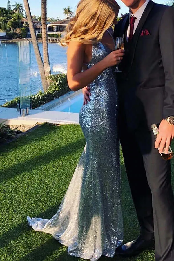 Sparkly Silver Sequins Mermaid Backless Long Prom Dresses, Evening Gown, MP668