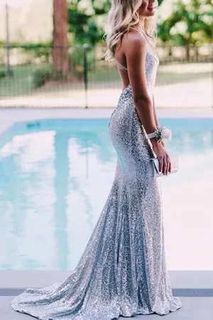 Sparkly Silver Sequins Mermaid Backless Long Prom Dresses, Evening Gown, MP668