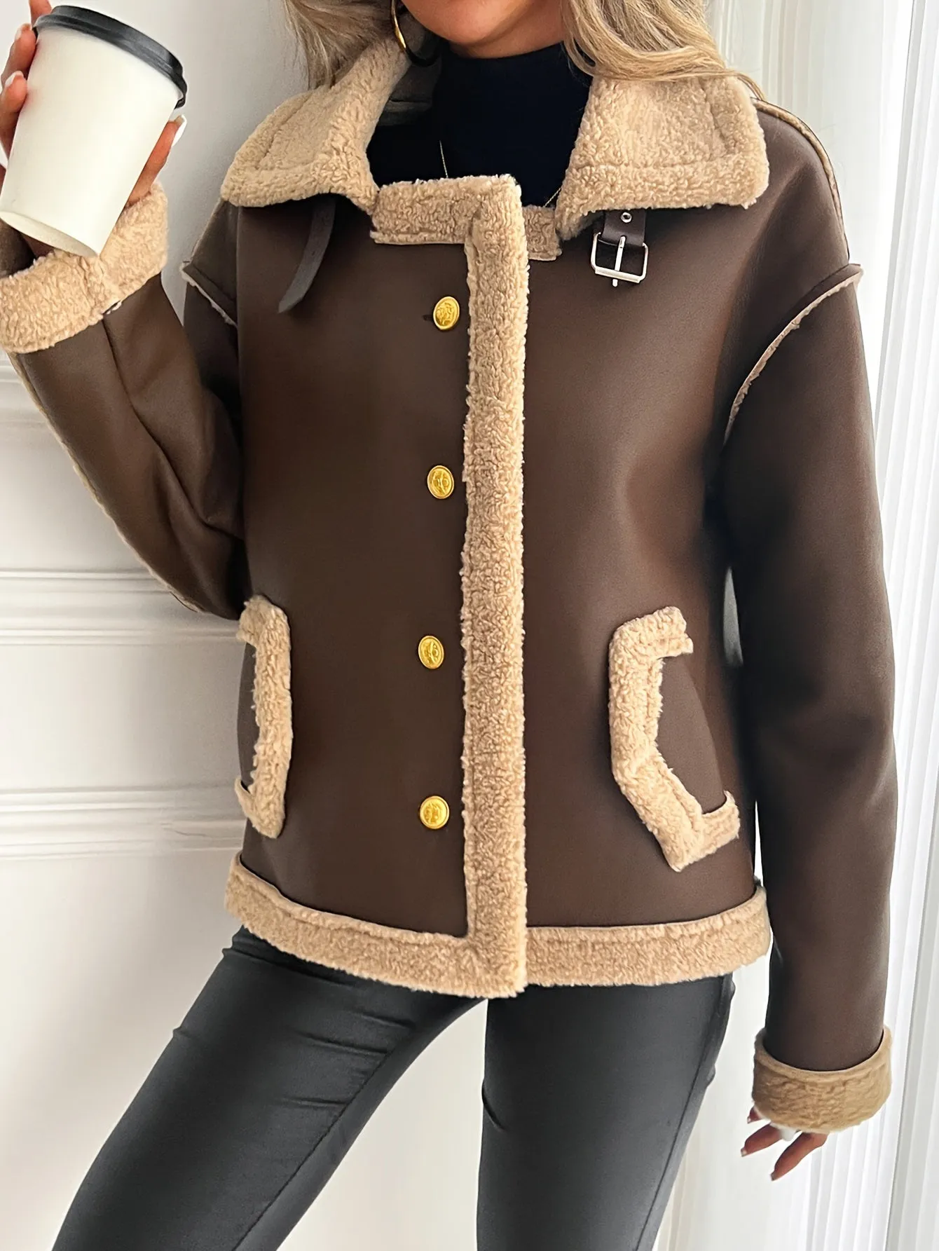 Stylish Faux Leather Biker Jacket - Elegant Women's Shearling-Lined Winter Outerwear with Pockets, Solid Color, Woven Polyester, and Chic Design - Perfect for Cold Weather