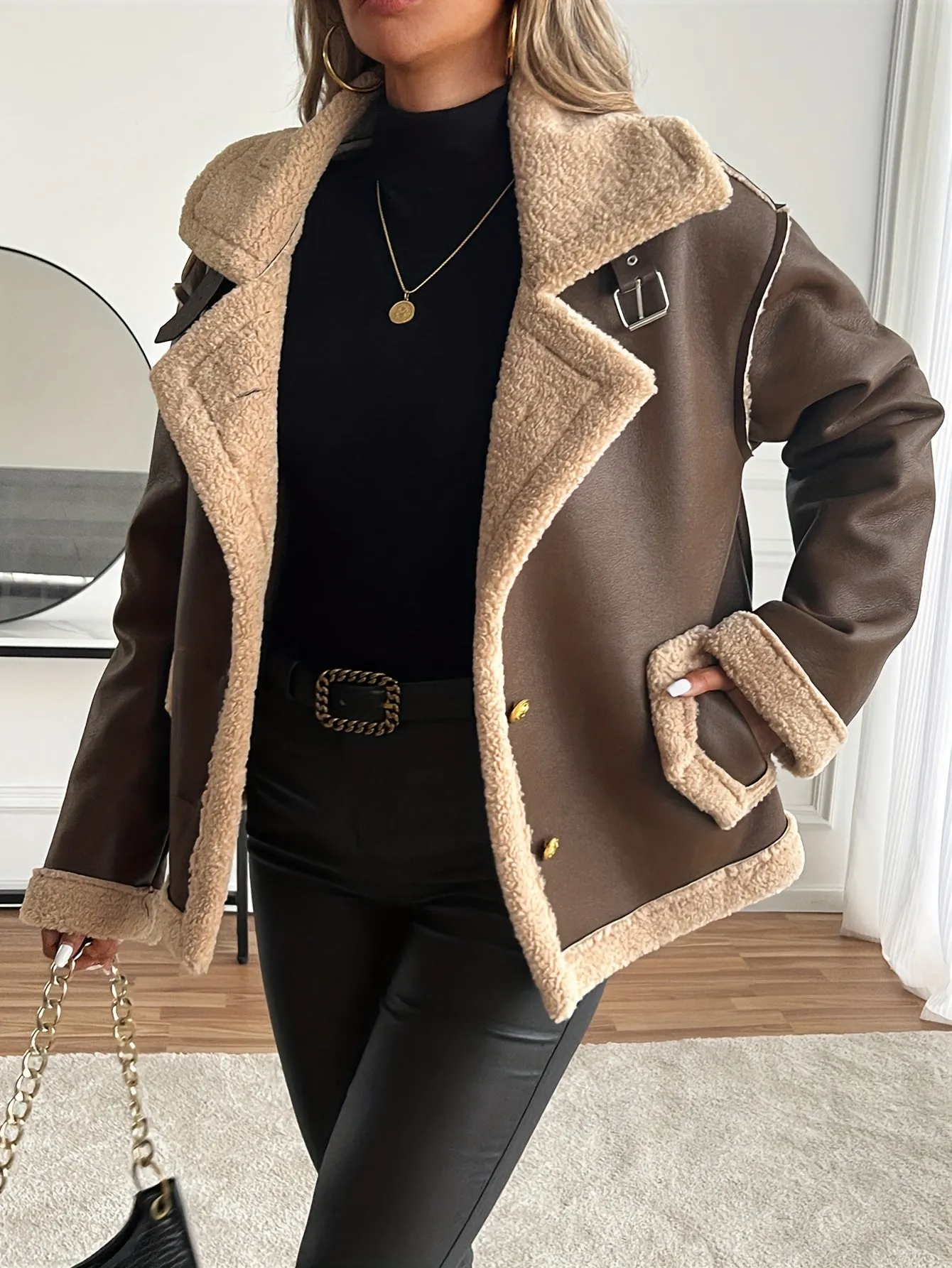 Stylish Faux Leather Biker Jacket - Elegant Women's Shearling-Lined Winter Outerwear with Pockets, Solid Color, Woven Polyester, and Chic Design - Perfect for Cold Weather