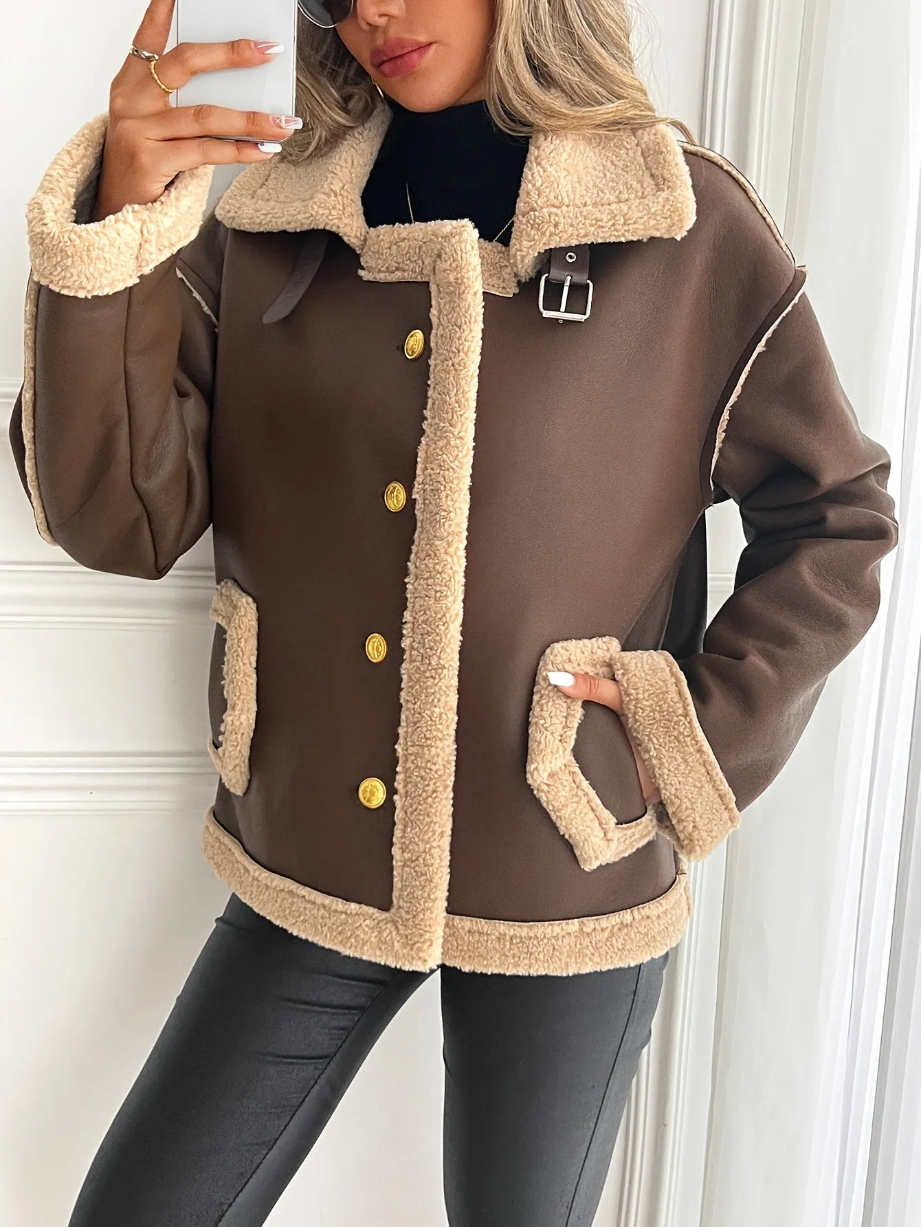 Stylish Faux Leather Biker Jacket - Elegant Women's Shearling-Lined Winter Outerwear with Pockets, Solid Color, Woven Polyester, and Chic Design - Perfect for Cold Weather