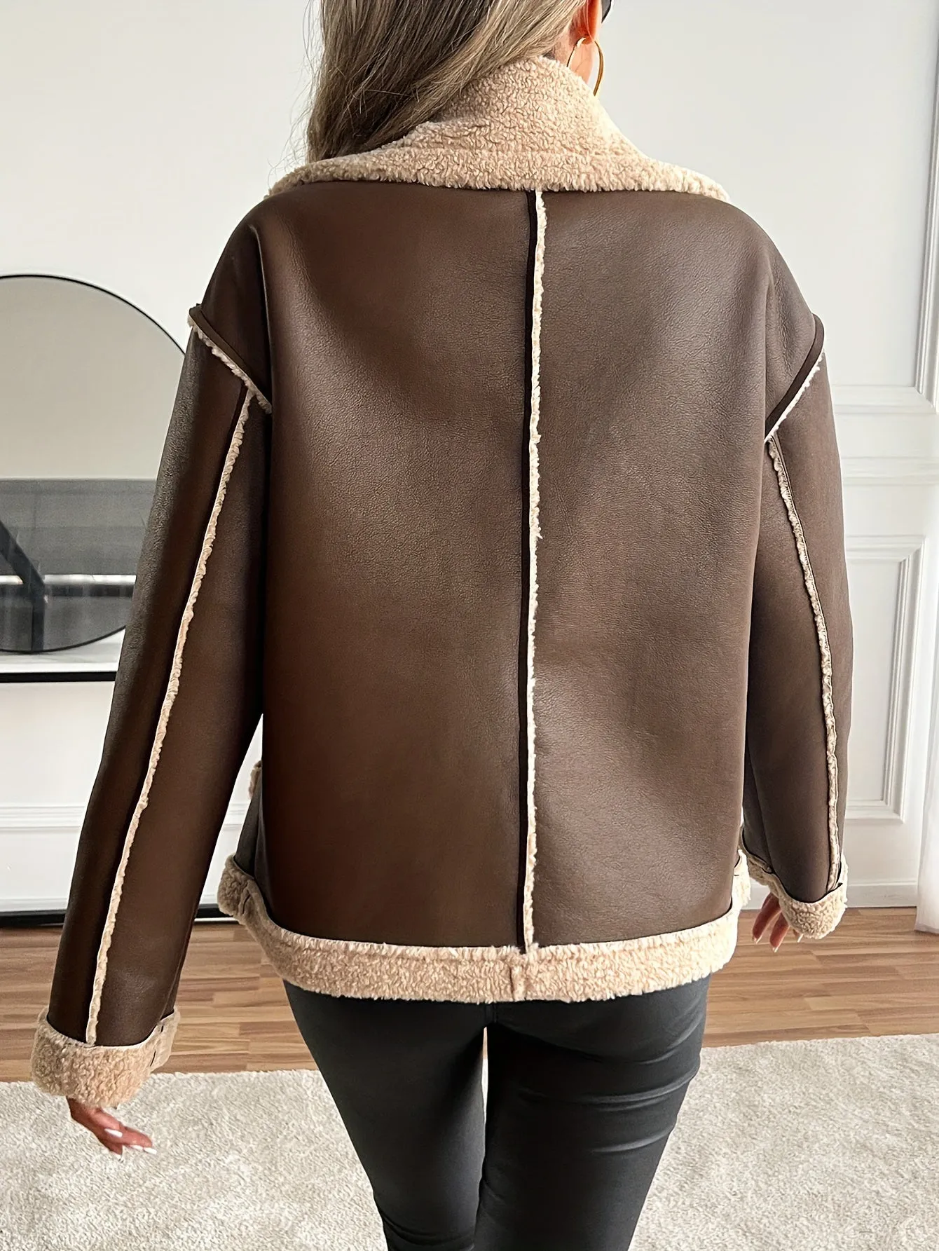 Stylish Faux Leather Biker Jacket - Elegant Women's Shearling-Lined Winter Outerwear with Pockets, Solid Color, Woven Polyester, and Chic Design - Perfect for Cold Weather