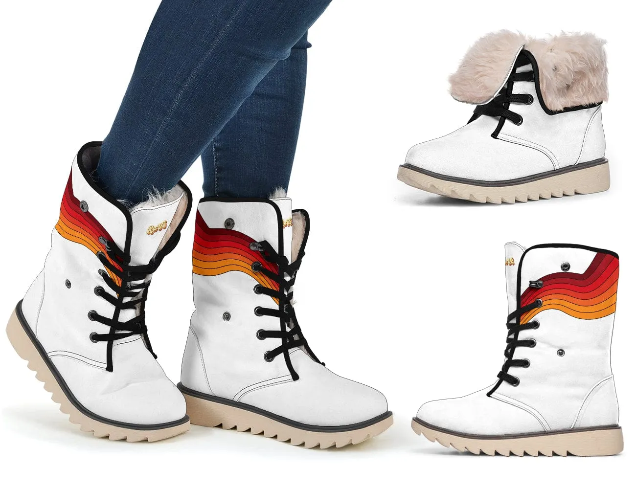 Sunny Retro Rainbow On White Suede Snow Boots